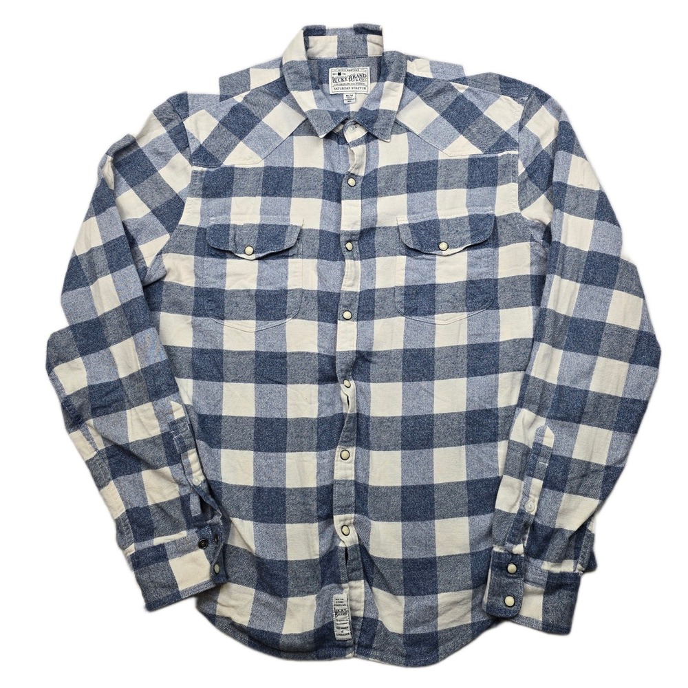 Lucky Brand Soft Flannel Western Shirt Men Medium Buffalo Plaid Pearl‎ Snap